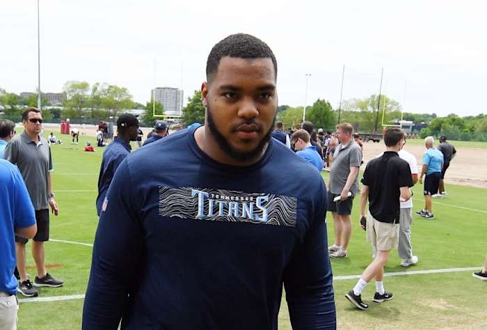 Tennessee Titans defensive tackle Jeffery Simmons (98) walks to the training room after answering questions from members of the media after minicamp at Saint Thomas Sports Park.